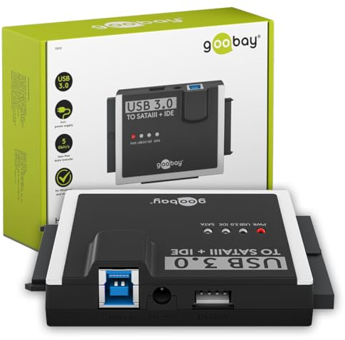 goobay Adaptador SATA para Discos Duros USB 3.0 e IDE/USB, HDD y SSD, Incluye Cable USB A a B y Molex y Fuente de alimentación de 12 V 2 A/Disco Duro Externo / 72013