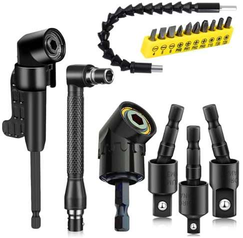 17 Pcs Flexible Drill Bit Extension 105 Degree Right Angle Drill Adapter,360° Rotatable 1/4 3/8 1/2 Impact Grade Socket Adapter Set,90° Angled Bits,Super Bit Shaft Extension Bits,Screwdriver Bit Set