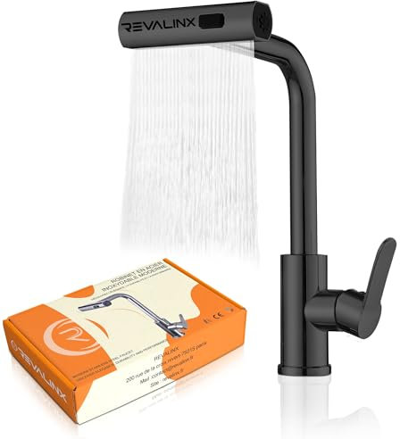 REVALINX- Grifo de cocina Cascade, giratorio 360°, ducha de mano extraíble, grifo de acero inoxidable de alta presión, 3 modos de rociado, mezclador monomando para fregadero de cocina.