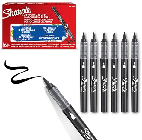 Sharpie Creative Marker Akrylpennor för målning | Vattenbaserade märkpennor för målning | Bläcket rinner inte och fungerar på nästan alla ytor | Penselspets | Svart | 6 Räkningar