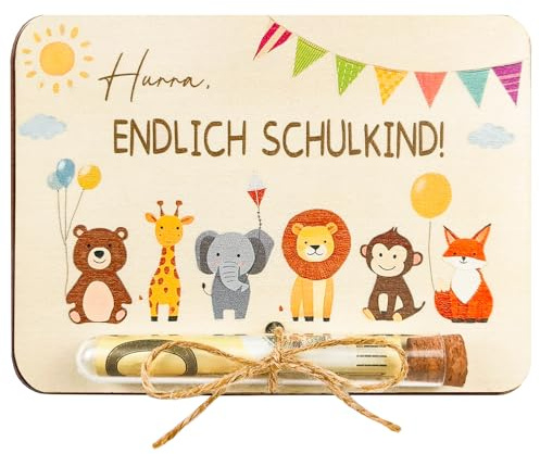 Karte Einschulung Geschenk, Karte Schulanfang Geldgeschenk | Einschulungsgeschenk mit Umschlägen, Holzkarte mit Tierdesign geeignet für Mädchen und Junge