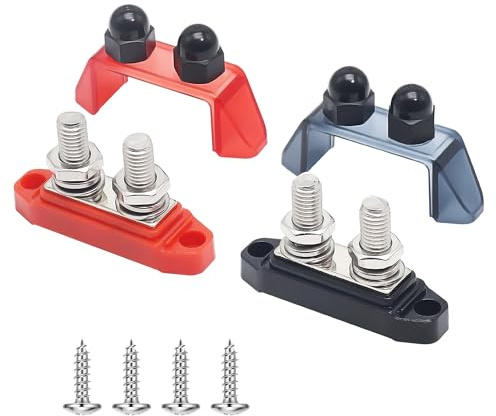 12V–48V Bus Bars Power Distribution Block: 250A Positive & Negative DC Bus Bar with Cover M10 Stud Terminals, AWG Battery Cable Lug Compatible for Car Boat Marine RV (1 pair)