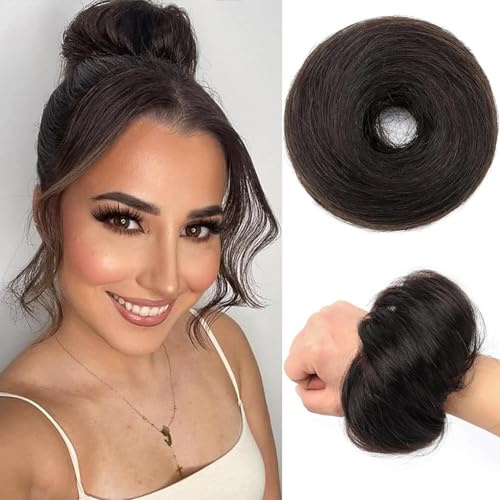 PORSMEER 100% Echthaar Haarteil Mit Gummiband,Unordentlich dutt extensions echthaar Haarteil Haargummi Hochsteckfrisuren unordentlicher Haarverlängerung für Damen,1B# Natürliches Schwarz,30g