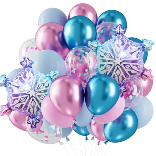 Ballons Flocon de Neige,Snowflake Ballon Rose et Bleu,Thème Neiges Ballon,Glace et Neige Ballons Latex Métallique pour Décoration Anniversaire Princesse Winter Fête