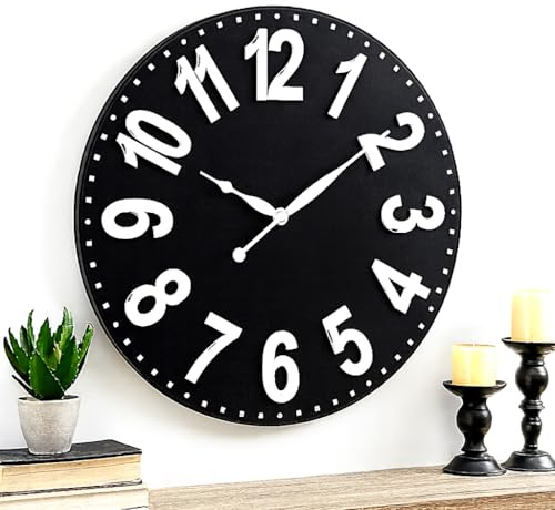 Large 60cm Black Wall Clock with White Numbers – Silent Non-Ticking Modern Design – Easy to Read Decorative Clock for Living Room, Kitchen & Office