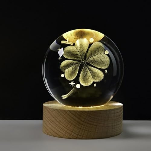 Yabound Boule de cristal de 60 mm - Trèfle à quatre feuilles - Porte-bonheur - Lampe de nuit en verre avec socle en bois - Petit cadeau pour enfants, amis, couple, anniversaire