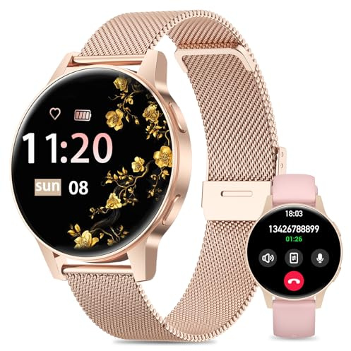 SLOKSFil Smartwatch Damen Klein mit Telefonfunktion, 1.27 TFT Touchscreen Fitness Tracker mit 24/7 Pulsuhr Schlafmonitor 120+ Sportmodi Schrittzähler Smart Watch Rund für iOS/Android​ (Rose Gold)