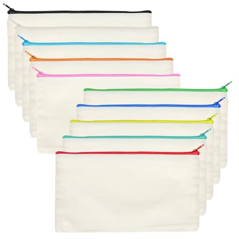 MLABINYA 10 Stück Blanko Stoffbeutel mit Reißverschluss zum DIY Bemalen, Teilen und Sticken - Weiße Segeltuch Aufbewahrungstasche für Schreibwaren, Kosmetik, Reisezubehör, Schmuck, Bastelbedarf