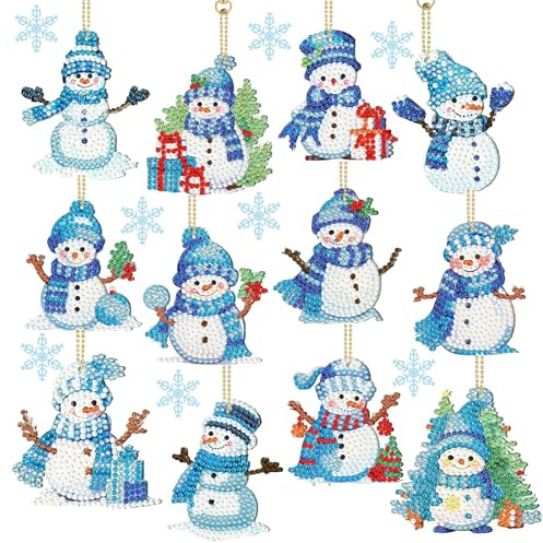 Nirecu 12 Stück Diamond Painting Weihnachten Kinder,5D Diamond Painting Weihnachten Anhänger Schneemann,DIY Diamant Malerei Schlüsselanhänger Beidseitig,Bastelset Weihnachtens Kinder Adventskalender