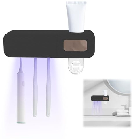 Zahnbürstenhalter, Wandmontage Zahnpastaspender UV Zahnbürsten Sterilisator Elektrische Zahnbürste Halterung für 3 Zahnbürsten Wiederaufladbare Zahnbürstenhalte für Badezimmer (Schwarz)