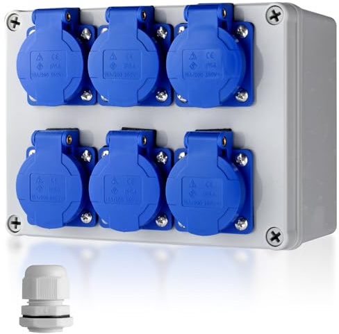 EYPINS Boîtier de Prise Étanche IP66 avec 6 Prises Européennes Bleues 16A IP54, en PC Renforcé Antichoc et Ignifuge pour Installation Extérieure/Intérieure Professionnelle