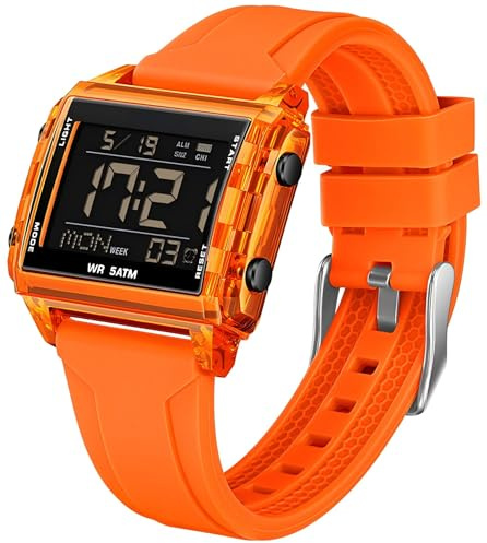 Montre de sport numérique rectangulaire étanche - Grand nombre - Chiffres lumineux - Avec chronographe chronomètre - Alarme - Multifonction - Pour homme et femme - Multicolore - Unique, Orange