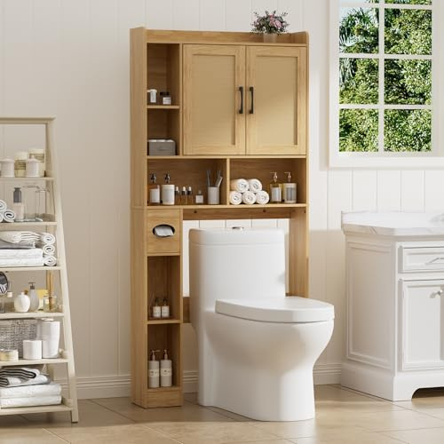 BonVache Over Toilet Storage Unit with Double door, Bathroom Storage Cabinet with 7 Storage Compartments and Tissue Compartment, Adjustable Shelf, for Bathroom and laundry room, Rattan