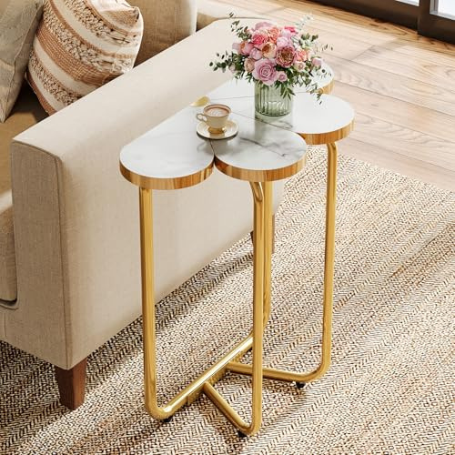 Tribesigns Schmaler Beistelltisch, stylischer Sofatisch mit halbrundem Blumenmuster und Goldrahmen, weiße und goldene Kleiner Kaffeetisch, Nachttisch aus Marmormuster für das Schlafzimmer (1)