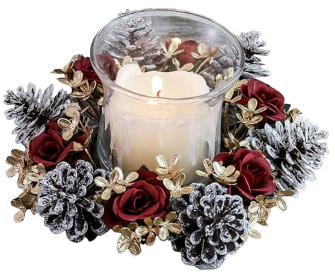 Yonuaret Corona Navideña para Velas | Corona Guirnalda para Velas de Adviento - Invernal con Piñas Y Flores Artificiales para Chimenea Mesa Mantel Y Centro De Mesa para Hogar