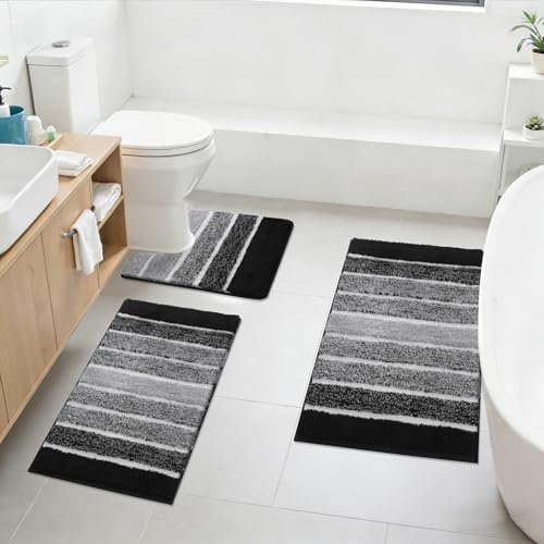 SHACOS Badezimmerteppich Set 3 Teilig Badteppich rutschfest Badematte Schwarz Weiche Badezimmer Teppiche Wasserabsorbierend Duschmatte Waschbar Badvorleger Set, 40x60+50x80+50x60cm