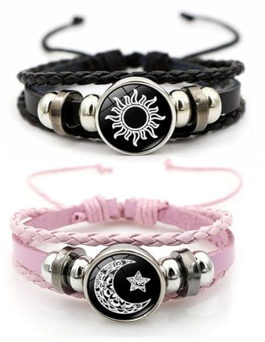 2 pulseras de cuero trenzado ajustables, pulseras de pareja de sol y luna, pulseras de eslabones para pareja, pulsera de novio, joyería a juego de moda, regalo ideal para aniversarios y San Valentín