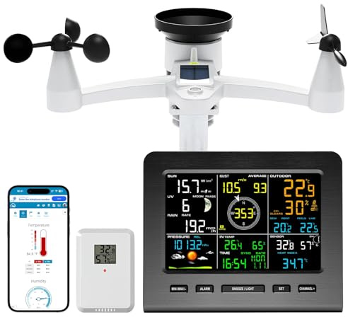 Station météo sans fil WiFi pour intérieur et extérieur avec pluviomètre, anémomètre, thermomètre, humidité, indice UV, phases de la lune, prévisions météo, station météo personnelle pour la maison
