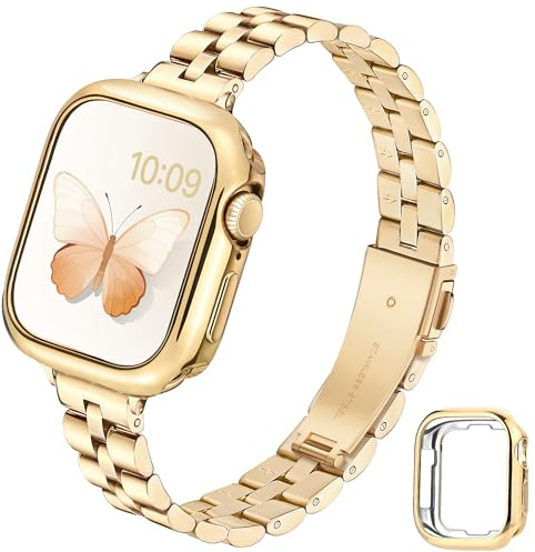 G-ficu Thin Metal Straps with Case for Apple Watch Straps 41mm 40mm 38mm | Slim Stainless Steel Band with Protective Cover, iWatch Strap for Apple Watch Series 9 8 7 6 5 4 3 SE Strap Women, Light Gold