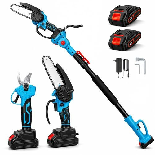 Motosierra Eléctrica-Tijeras de Podar Electricas, 4 en 1 Kit de Herramientas de Jardín,Sierra de Podar Telescópica,Longitud 1-2m y ángulo 180° Ajustables Altura de Trabajo Hasta 4.5m