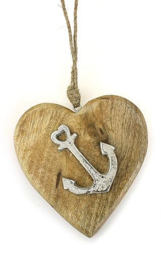 TEMPELWELT® Deko Anhänger Herz mit Anker 14 cm, Mango Holz Massiv mit Aluminium Silber, Dekoherz Ehehafen, maritimer Herzanhänger, Hochzeitsgeschenk