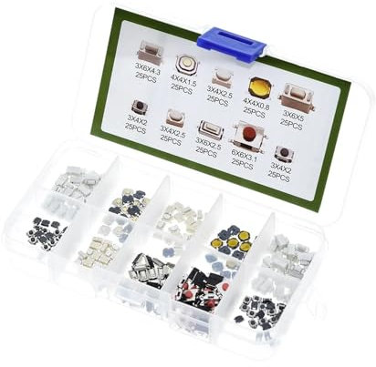 DollaTek 250PCS 10Value Tactile Push Button Switch Micro Momentary Tact Assortment Kit + Plastic Box