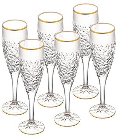 Barski - Europäisches Qualitätsglas – 6 Stück – Kristall – Champagnerflöte – 227 ml – Regentropfen-Design mit mattiertem Rand und Goldrand – Gläser werden in Europa hergestellt