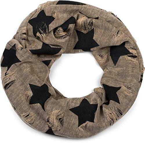 styleBREAKER Unisex Loop Schal Sterne Punkte Destroyed 80x55cm | Wendeschal. Risse und Löcher im Oberstoff. 2-3 mal wickelbar. Rundschal. weiche Haptik. modischer Print.