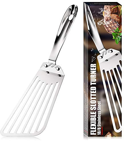 KSENDALO Metal Fish Spatula Stainless Steel Egg Turner, Very Thin but Sturdy Flexible Flipper for Flipping Delicate Fish, Pancakes and Bacon, Dishwasher Safe Kitchen Utensil
