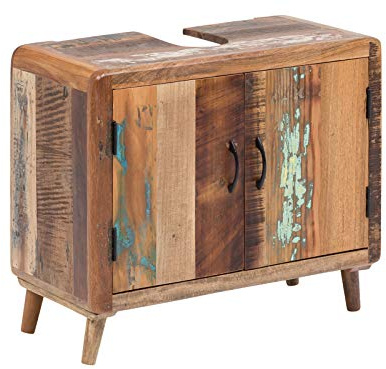 Woodkings® Bad Waschbeckenunterschrank Kalkutta recyceltes Holz bunt rustikal Waschtischunterschrank Badmöbel Badezimmer Badschrank Bad Unterschrank Massivholz (mit Fuß)