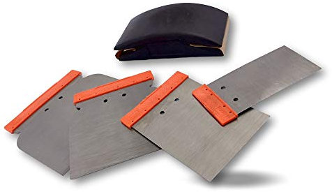 Trousse de couteaux de carrossier | Jeu de 4 spatules japonaises pour mastic enduit + Cale caoutchouc à poncer carrosserie | Lames acier poli | Largeurs 50-80-100-120 mm | ibros W117_div