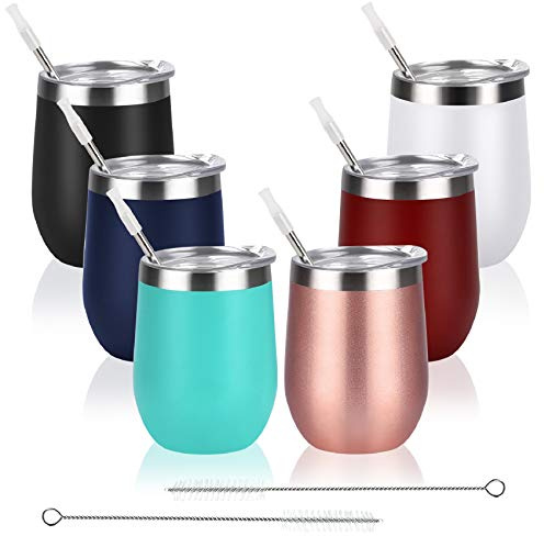 Qtencas 6 Pack Stainless Steel Wine Tumbler Wine Glass, 12 Oz Double Wall Vacuum Insulated Stemless Wine Tumbler with Lid Straw, Set of 6 Cups for Wine, Coffee, Cocktail, Ice Cream, Mix Color