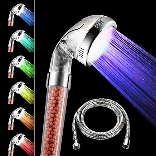 MEISO Soffione doccia con tubo, 7 colori mutevoli, con pressione LED, risparmio d'acqua, regolatore di temperatura, addolcitore d'acqua