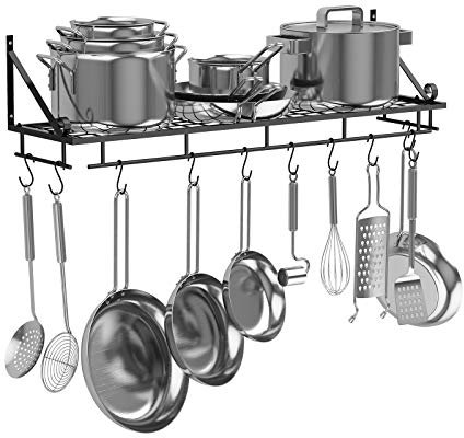 AcornFort® K-1125 Black Metal 90 CM Kitchen Cooking Pot Rack Stand Wall Mounted Pot Pan Saucepan Racks Utensils Hanging Shelf With 10 Hooks