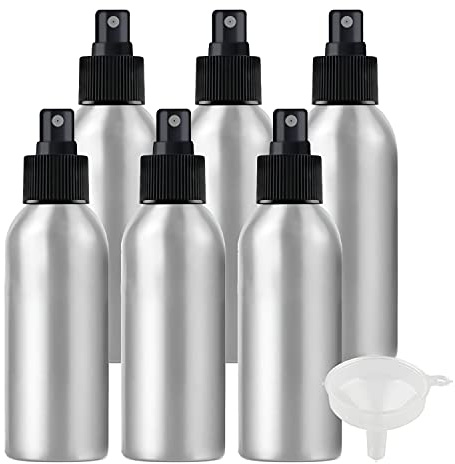 ZEOABSY 6 Pièces Portable Vide 150 ml Pulvérisateur en Aluminium Flacon Bouteille Vaporisateur avec Pompe Noire pour l'eau l'alcool Parfum Cosmétique Voyage Rechargeable, Entonnoir