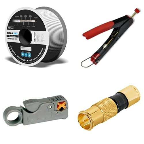 AC-Sat-Corner 100m Megasat Koaxialkabel 135db 5 Fach + Kompressionszange + Abisolierer + F-Quick Kompressionsstecker 7mm Gold HQ 100x Stück