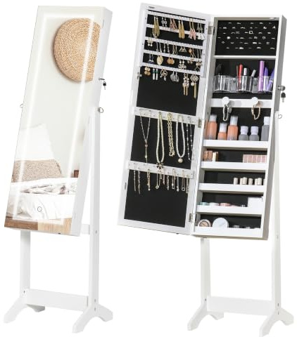 HOMCOM Armadio Portagioie con Specchio Inclinazione Regolabile Bianco | Serratura, Specchio Portagioie a Figura Intera, Luce LED, Da Terra