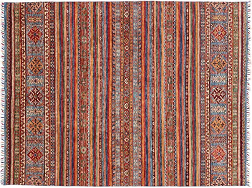 RUG PRINCE Afghan Ziegler Khorjin Teppich 170x240 Handgeknüpft Blau Streifen Orient f