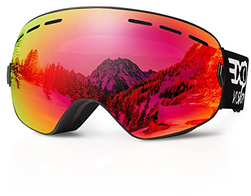 EXP VISION Masque de ski pour homme et femme - Protection 100% UV400 - Anti-buée sur les lunettes - Lunettes de neige avec écran sphérique amovible (Rouge)
