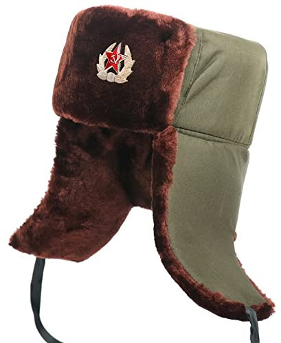 DEPAJA Russische Mütze Sowjetisches Armee-Militärabzeichen Russland Uschanka Bomberhüte Pilot Trapper Trooper Hat Winter Earflap Herren Schneekappen, Braunes Sowjetisches Abzeichen, Einheitsgröße