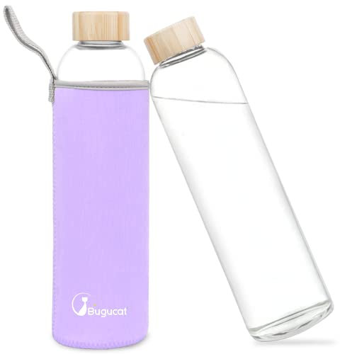 Bugucat Borraccia Termica 1000 ML, Termos Portatile Borosilicato e Neoprene, Chiusura Ermetica Prova di Perdite, Bottiglia Borraccia Sportiva Senza BPA per Bambini Adulto Scuola Sport Bici