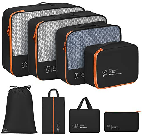 Homsorout Koffer Organizer Set, Packing Cubes für Kleidung, Packtaschen für koffer, Wasserfester Kleidertaschen Travel Organizer mit Kosmetiktasche, Schuhbeutel (8, Schwarz)