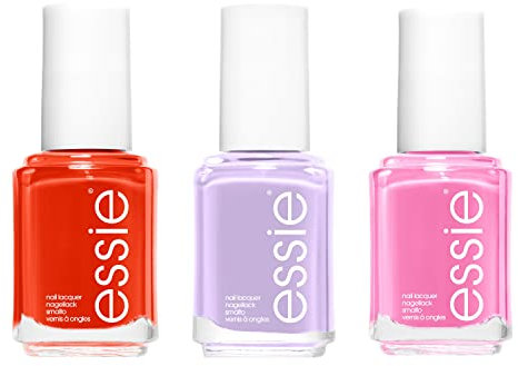 Essie Vivid Summer Brights Nail Polish Trio Kit, Includes x1 Pink Lovie Dovie, x1 Orange Red Meet Me At Sunset & x1 Lilac Purple Lilacism Nail Varnish