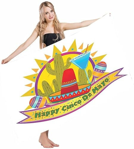 Bath Towel Cinco De Mayo Sun Cactus Margarita Glass Mexican Hat Figures Bathroom Towel Microfibre Bath Sheet Sand Free Beach Towel For Bath Travel Hotel 80x130 cm
