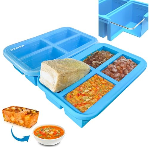 Ozwen 1-Cup Extra Large Silicone Soup Freezer Tray with Lid, Meal Prep with Soup Freezer Food Cubes Container, Baby Food Freezer and Storage Moulds for Sauce & Broth & Leftover (2-Pack, Blue)