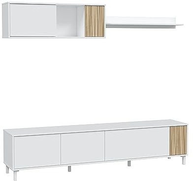 Mobelcenter, Mueble Salon 200 cm, Mueble TV salón, Mueble Salón Ethna, Mueble Comedor Blanco y Natur. Medidas: 200 cm Ancho x 30 cm Alto x 40 cm de Fondo