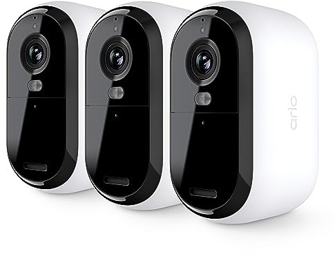 Arlo Essential VMC3350 VMC3350 Lot de 3 caméras de sécurité extérieures et intérieures sans Fil, projecteur intégré, Vision Nocturne en Couleur, Configuration à Faire soi-même, Blanc