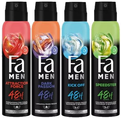 Fa For Men med anti-perspirant deodorant-spray rött cederträ & deodorant och kroppsspray mörk passion & Attraction Force & Kick Off & Speedster, 5 x 150 ml, årlager, provpaket
