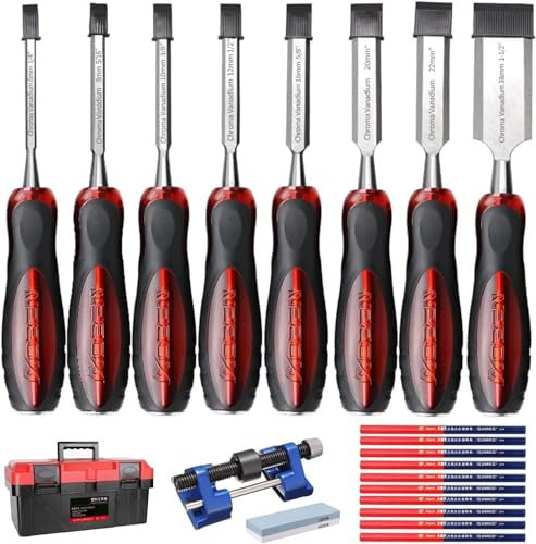 Set scalpelli for legno Scalpelli for intaglio del legno Lame robuste in lega Cr-V trattata termicamente con 8 scalpelli for legno, guida for affilatura, pietra for affilare, 10 matite da carpentiere