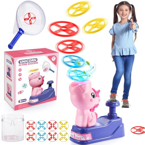 Veopoko Toys for 2-6 Year old Girls Boys, Flying Disc Launcher Toy Unicorn Toys Garden Flying Saucer Toy Gifts for 3-10 Year Old Boy Girls Outdoor Toys for Kids Toy Age 3-8 Autism Kids Pink